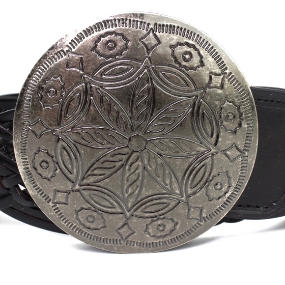 New York & Co Braided Brown Leather Belt Silver Medallion Buckle - Picture 2 of 14